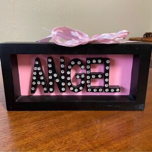 Angel Wood Block Wall / Table Decor Rhinestones on Black Letters Pink Background